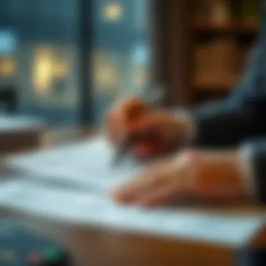 A person reviewing legal documents with a pen