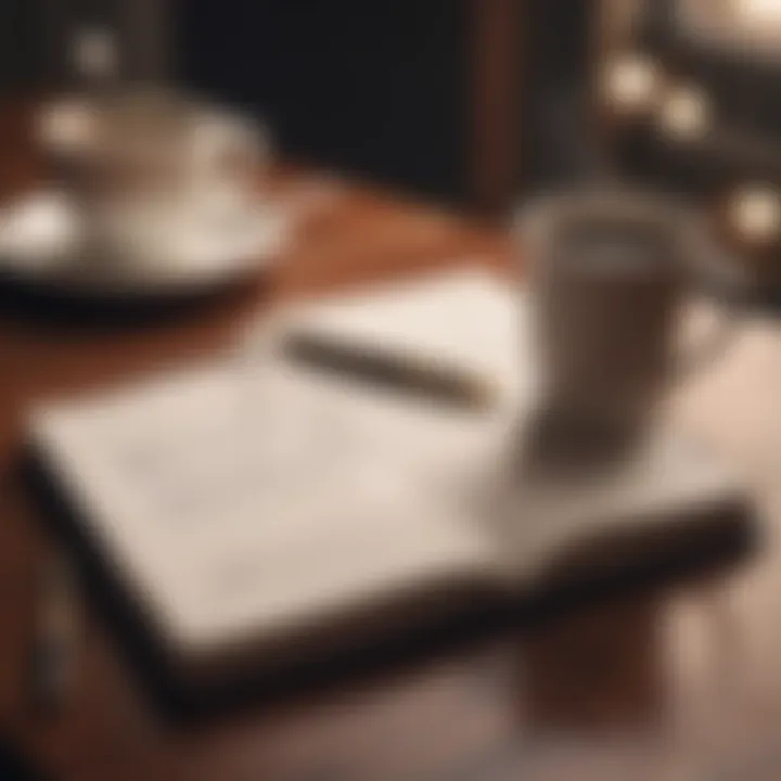 An open notebook with a pen and a coffee cup, symbolizing proposal writing.