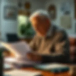 An elderly person reviewing grant application forms at a desk