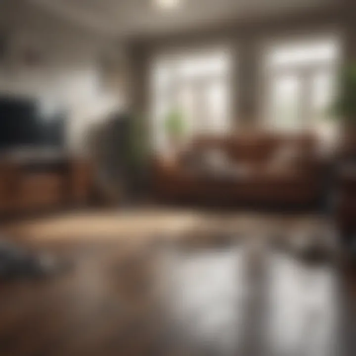 Interior of a run-down living room with damaged furniture