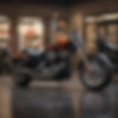 A motorcycle in front of a Harley Davidson showroom