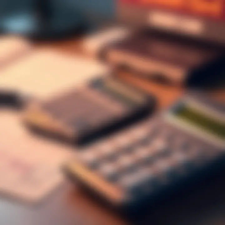 A calculator displaying budgeting figures and a credit card on a desk.