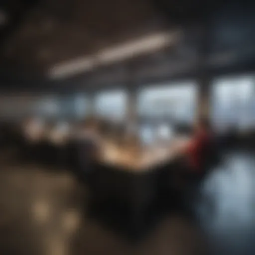 A diverse group of employees collaborating in a modern office space